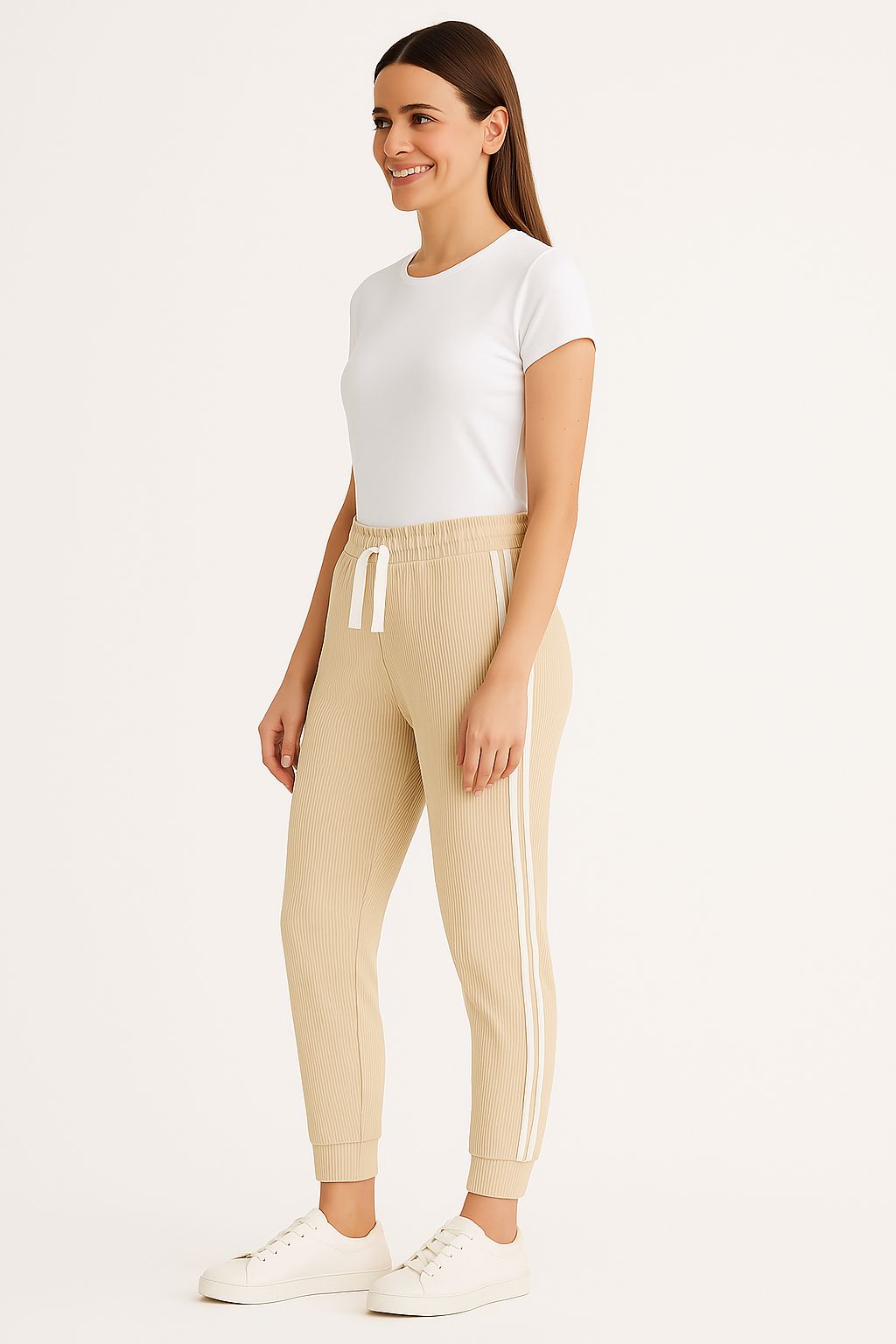 Ribbed Joggers with White Side Stripes – Casual Stretch Fit for Women