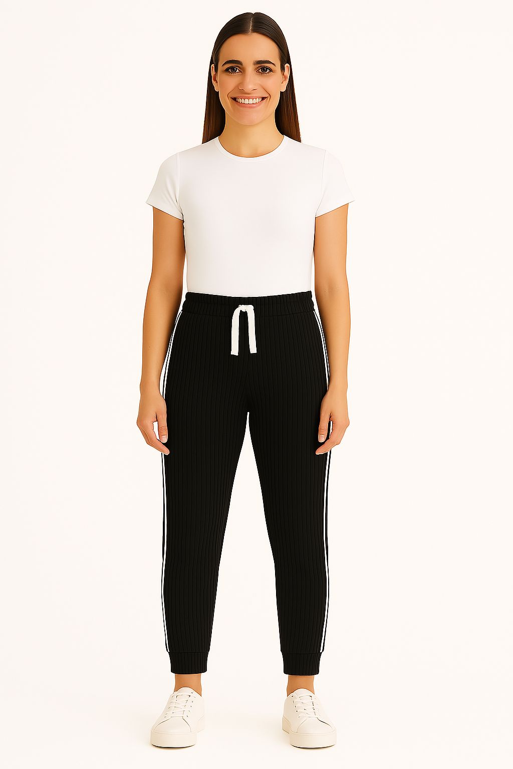 Ribbed Joggers with White Side Stripes β Casual Stretch Fit for Women