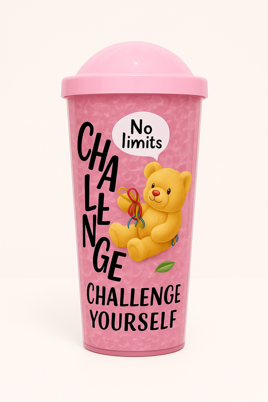 Cute Motivational Sipper Cup for Kids – “Challenge Yourself” Design with Teddy & Straw Lid (Pink)