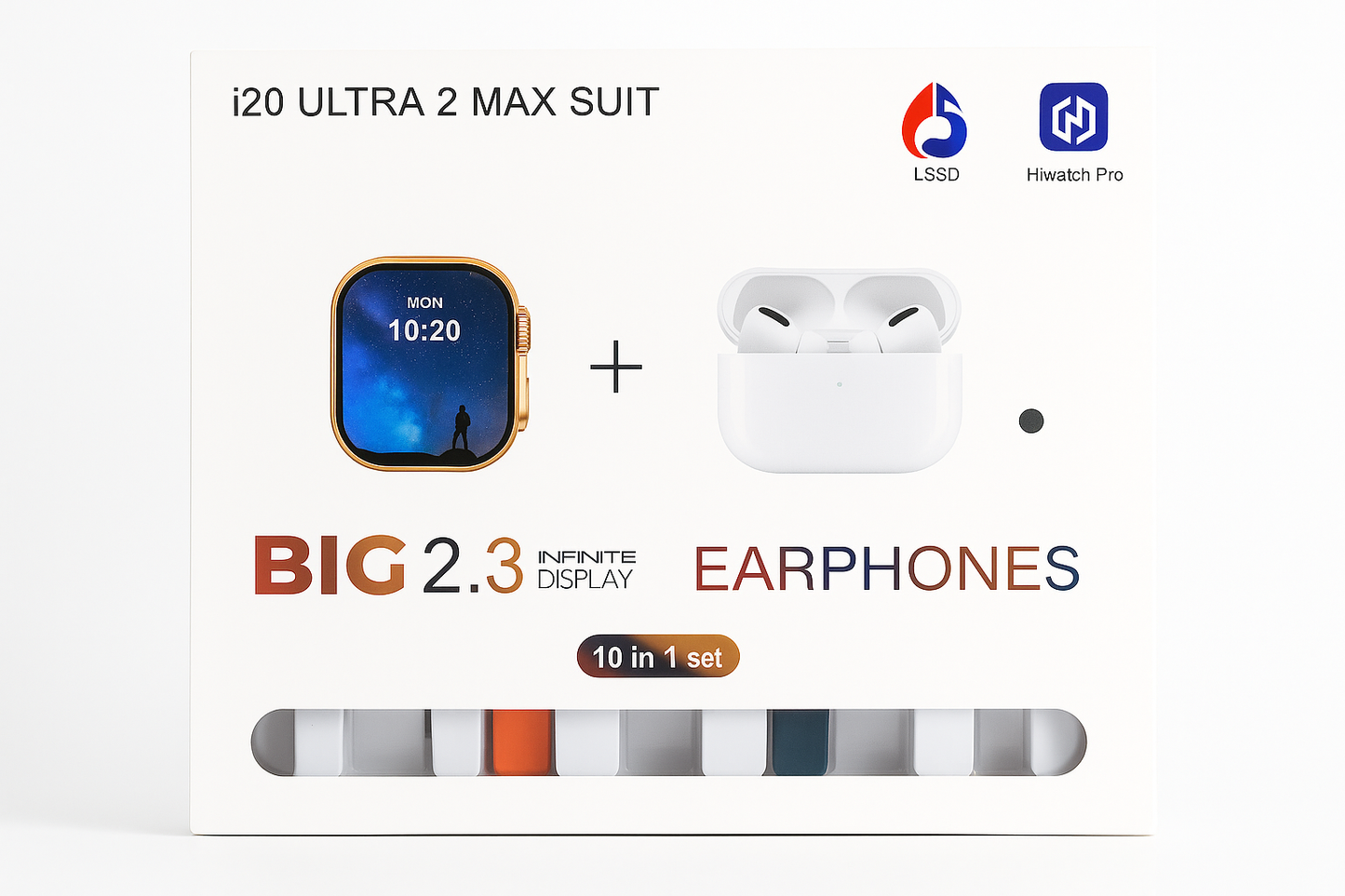i20 Ultra 2 Max Suit – Smartwatch + TWS Earbuds Combo (10-in-1 Set)