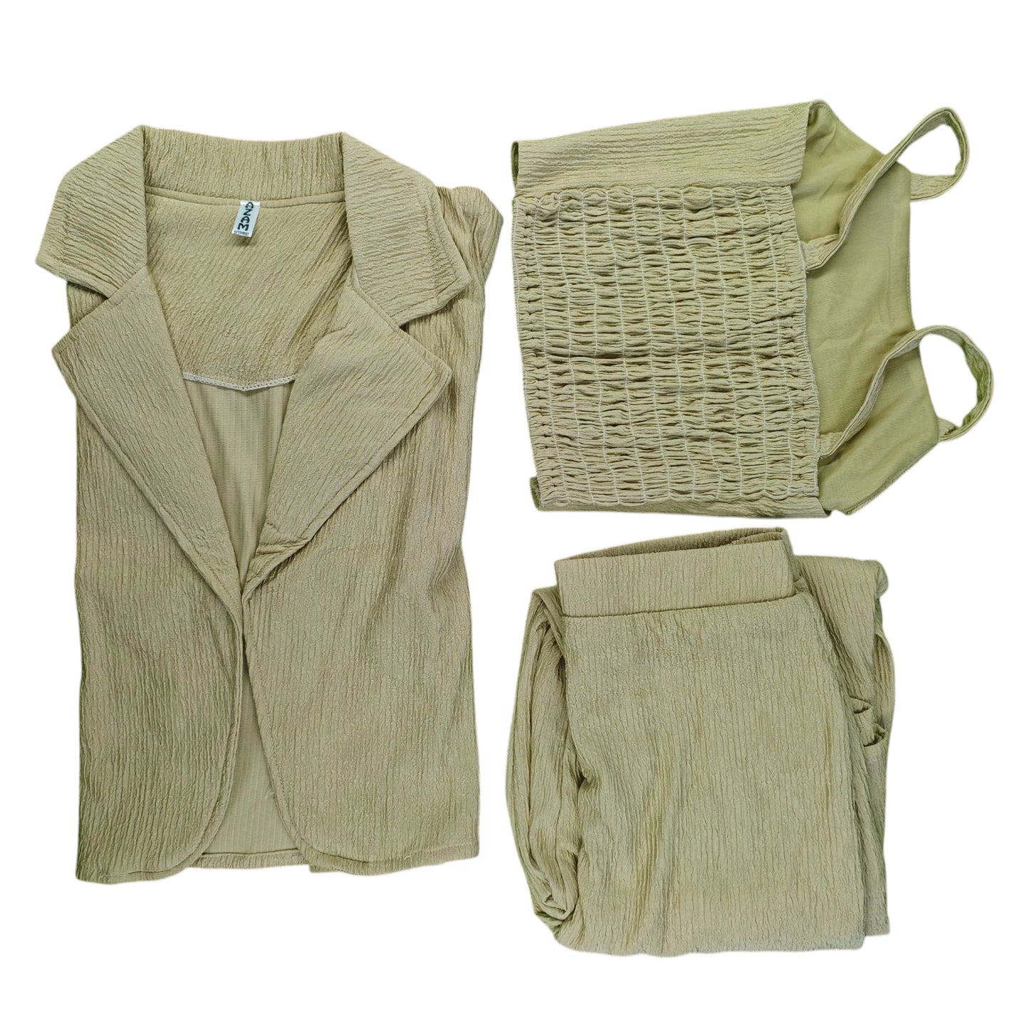 Crinkled 3-Piece Combo Set - Camisole, Blazer & Pants