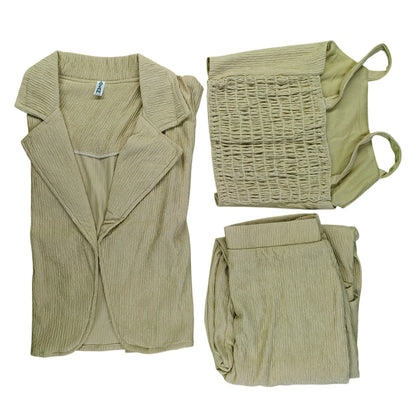 Crinkled 3-Piece Combo Set - Camisole, Blazer & Pants