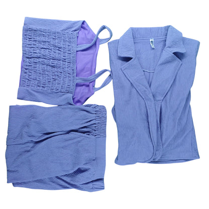 Crinkled 3-Piece Combo Set - Camisole, Blazer & Pants