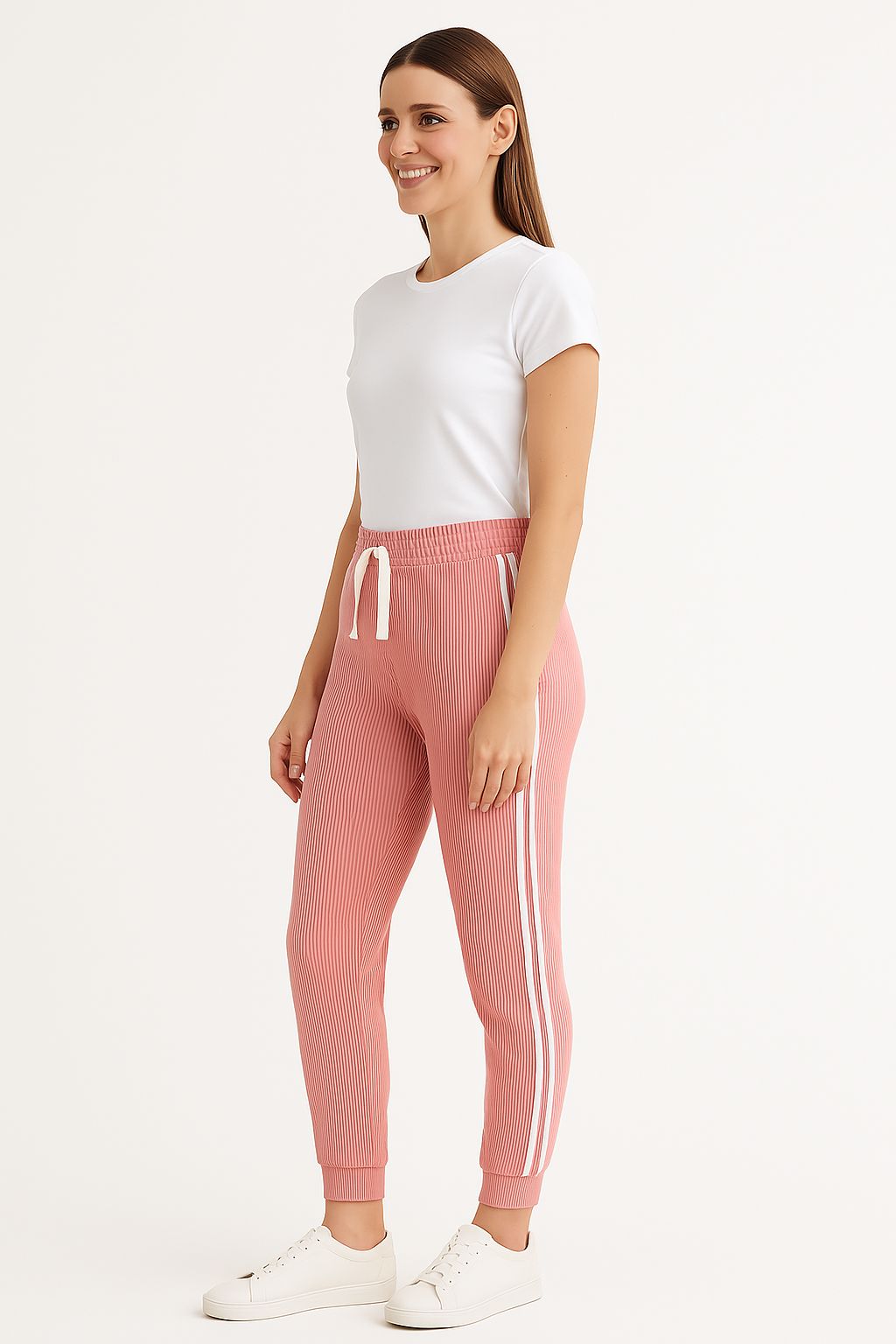 Ribbed Joggers with White Side Stripes – Casual Stretch Fit for Women