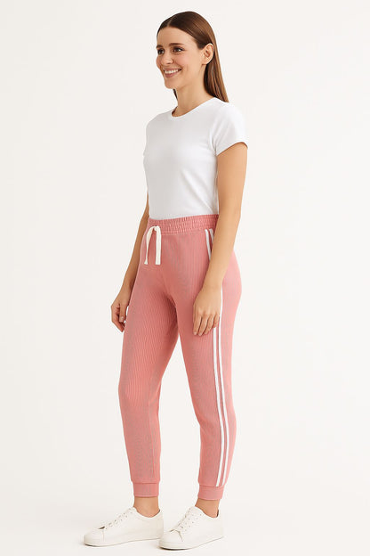 Ribbed Joggers with White Side Stripes – Casual Stretch Fit for Women