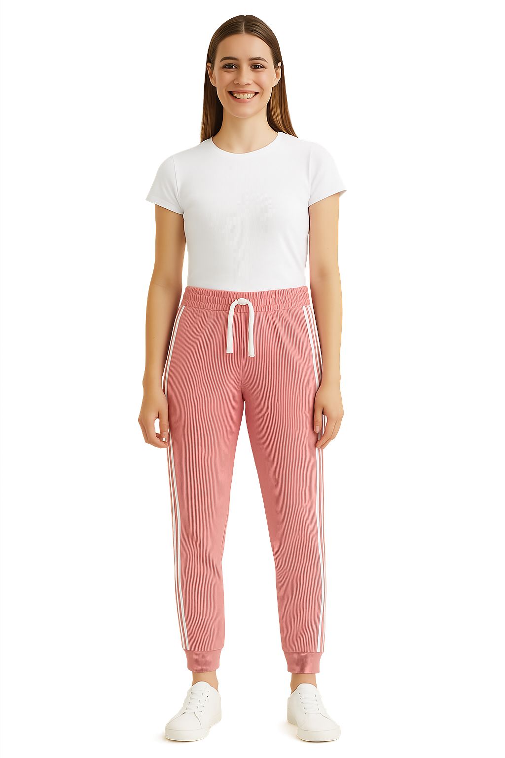 Ribbed Joggers with White Side Stripes – Casual Stretch Fit for Women