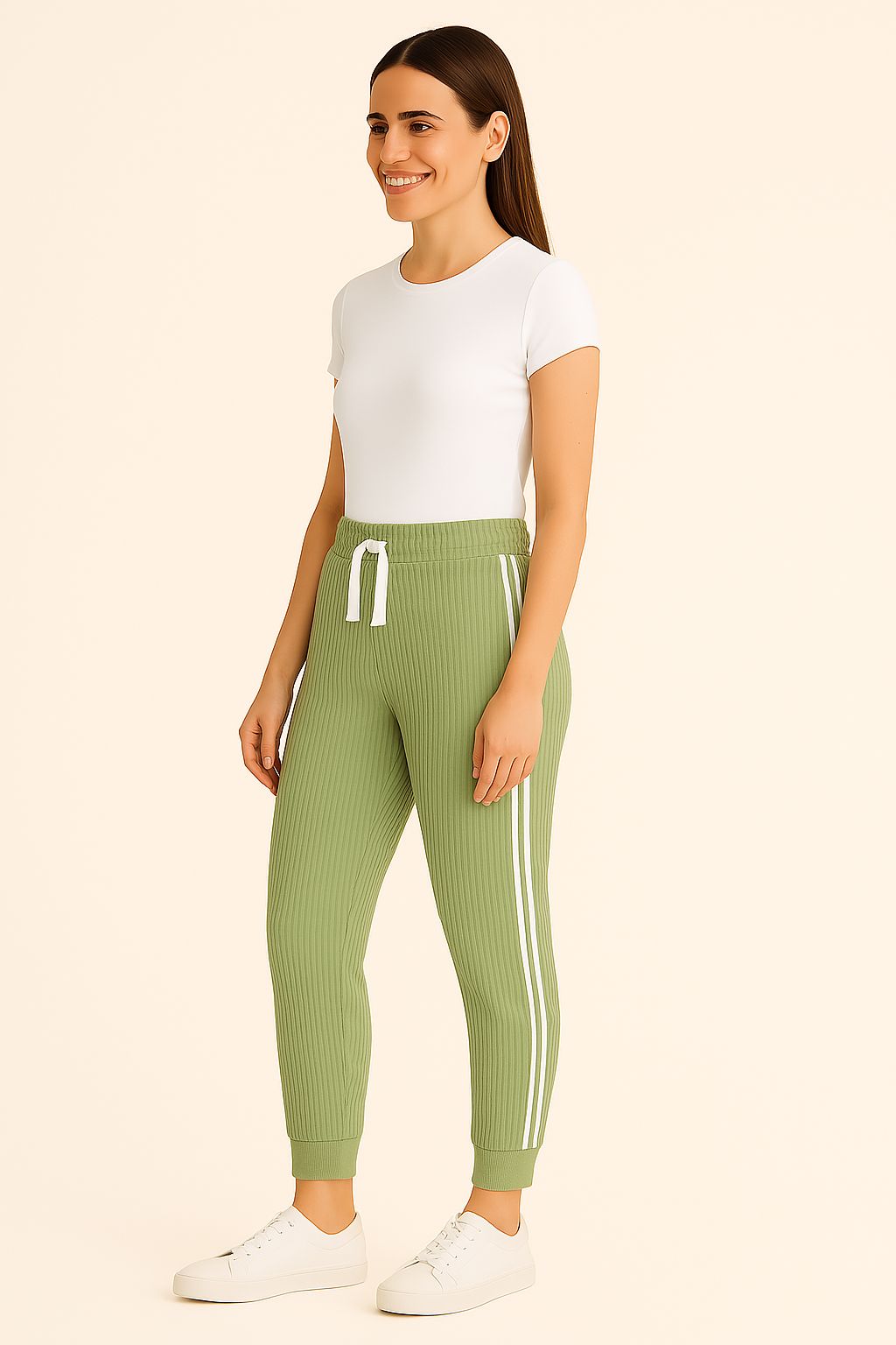 Ribbed Joggers with White Side Stripes – Casual Stretch Fit for Women