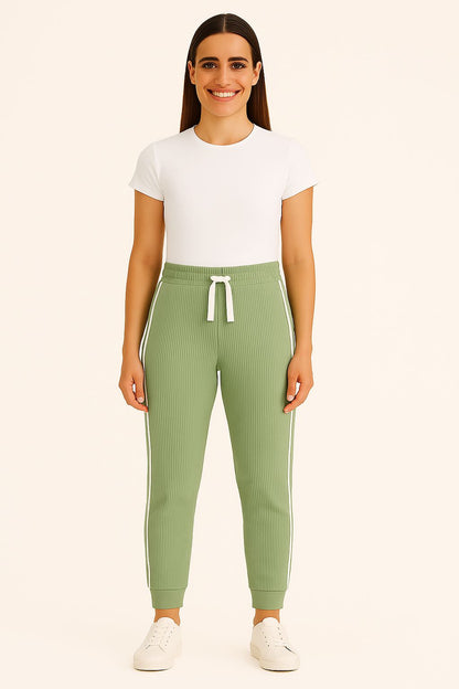 Ribbed Joggers with White Side Stripes – Casual Stretch Fit for Women