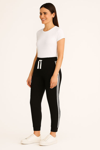 Ribbed Joggers with White Side Stripes – Casual Stretch Fit for Women