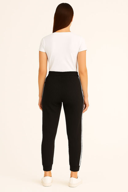 Ribbed Joggers with White Side Stripes – Casual Stretch Fit for Women