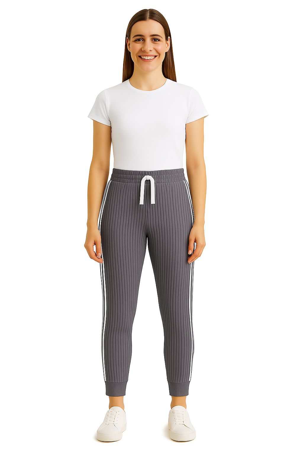Ribbed Joggers with White Side Stripes – Casual Stretch Fit for Women