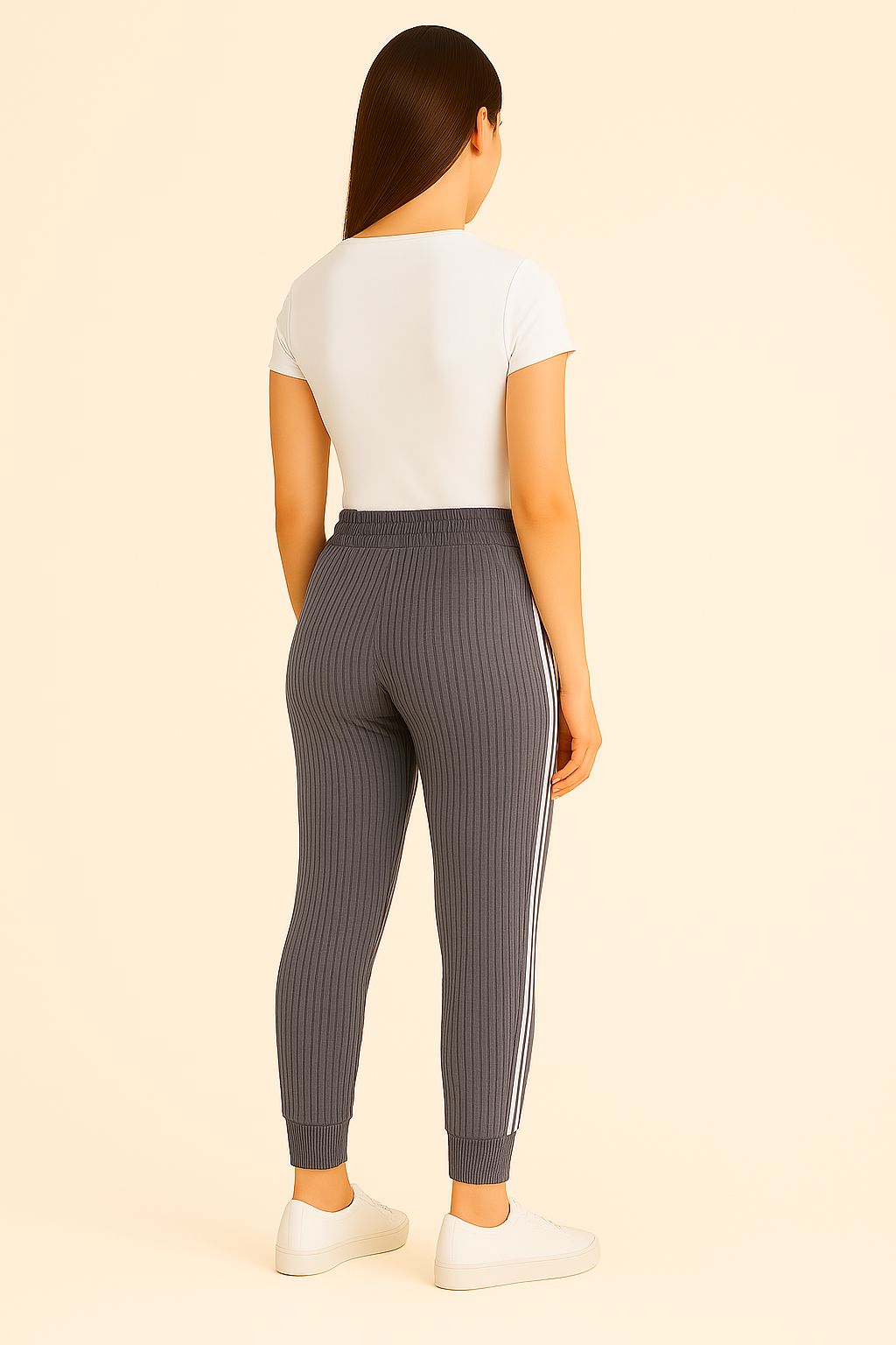 Ribbed Joggers with White Side Stripes – Casual Stretch Fit for Women