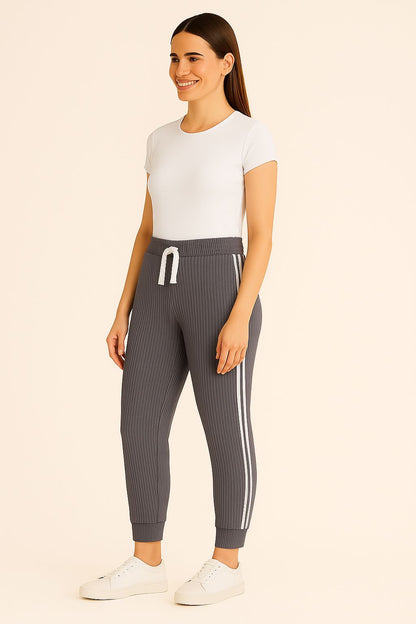 Ribbed Joggers with White Side Stripes – Casual Stretch Fit for Women