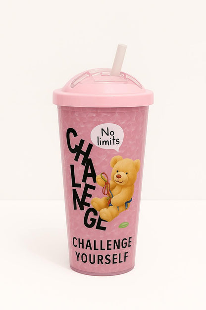 Cute Motivational Sipper Cup for Kids – “Challenge Yourself” Design with Teddy & Straw Lid (Pink)