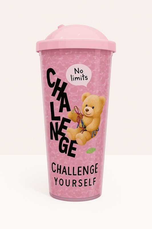 Cute Motivational Sipper Cup for Kids – “Challenge Yourself” Design with Teddy & Straw Lid (Pink)