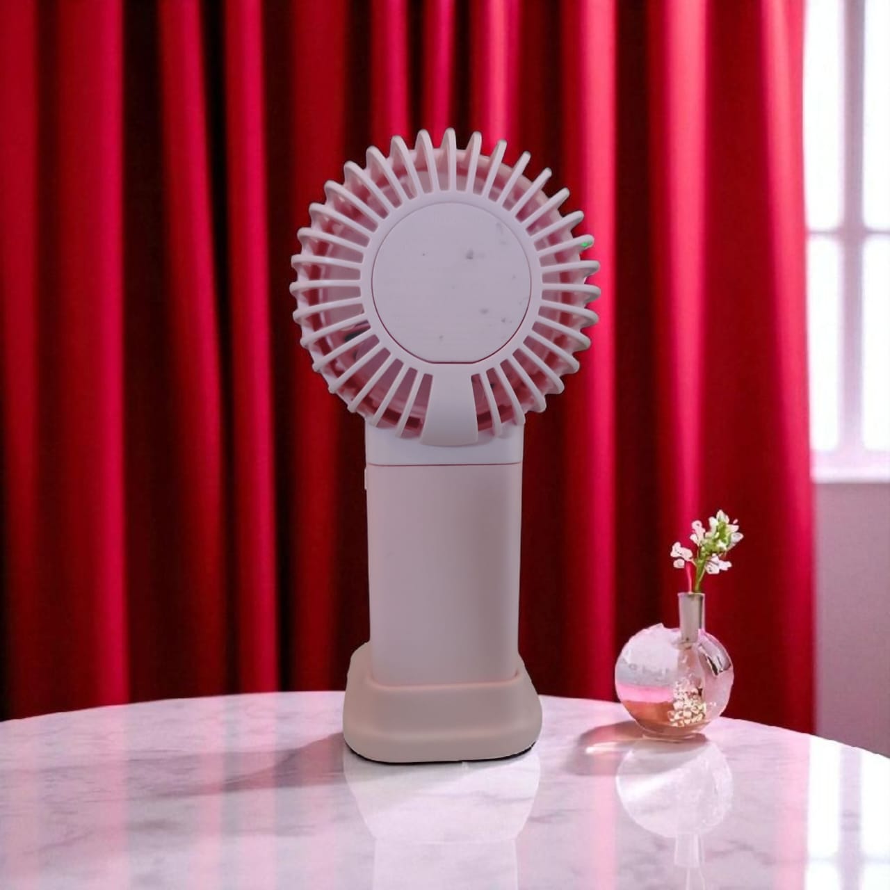 Mini USB Rechargeable Handheld Fan | Portable Cooling Fan with Stand – Pink | 5V Input