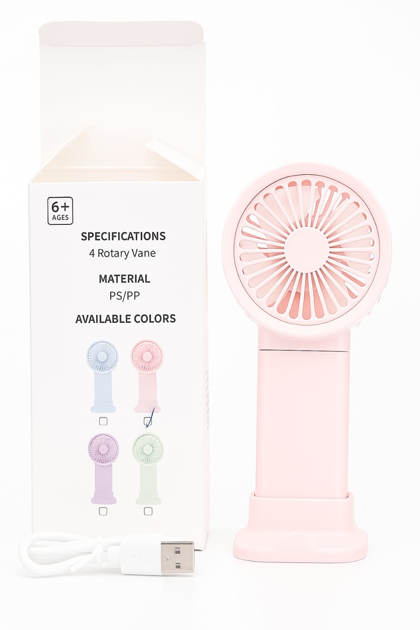 Mini USB Rechargeable Handheld Fan | Portable Cooling Fan with Stand – Pink | 5V Input