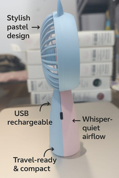Cute Portable USB Rechargeable Mini Fan for Kids & Travel – Whisper Quiet, Compact Design , Lighting
