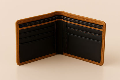 Premium Bi-Fold Wallet – Tan & Black Leather Finish