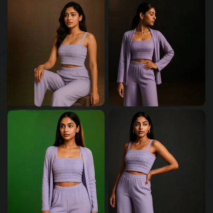 Crinkled 3-Piece Combo Set - Camisole, Blazer & Pants